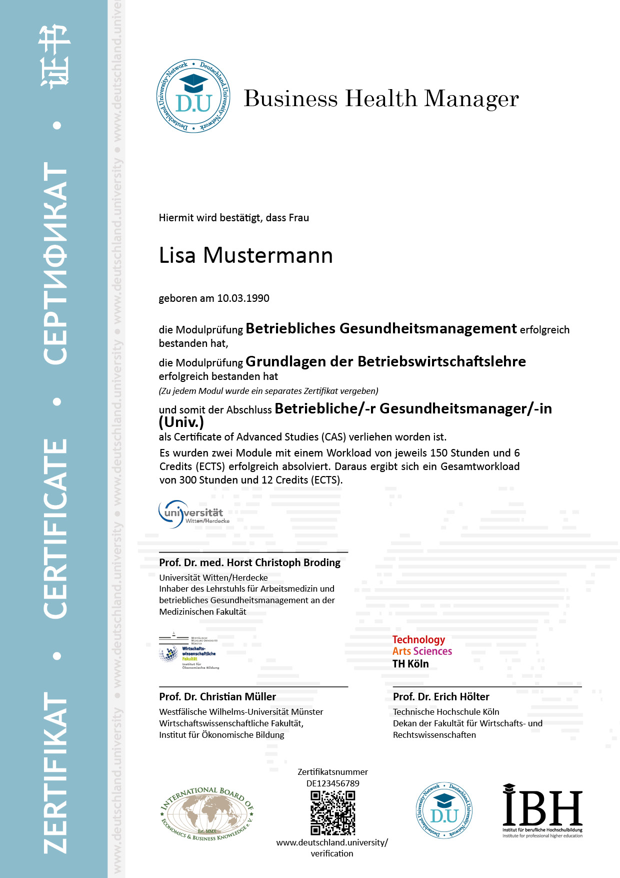 Musterzertifikat Betriebliche/-r Gesundheitsmanager/-in (Univ.)
